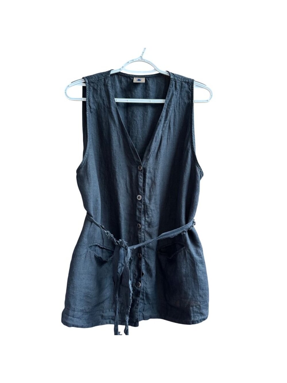 Homefrocks Santa Fe 100% Linen Vest Size L Gray Waist Tie Lagenlook Minimalist
